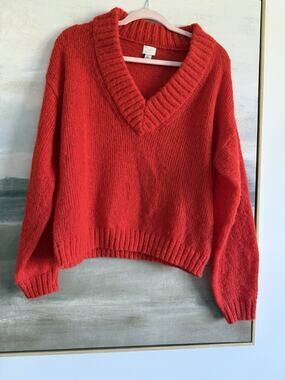 A New Day Women’s Size Large Orange Sweater Soft Long Sleeve Fuzzy V Neck